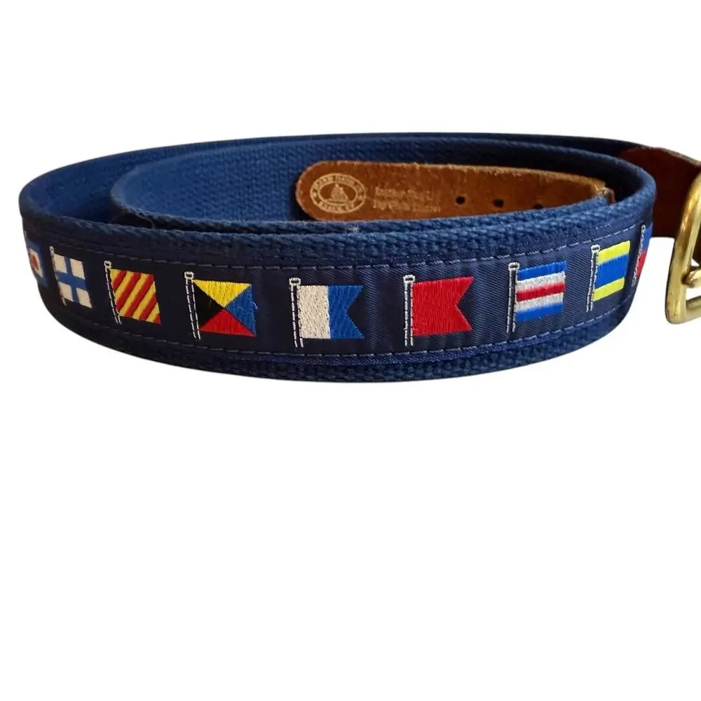 Vintage Canvas Sailing Flag Belt Navy Blue Leather Trim 44